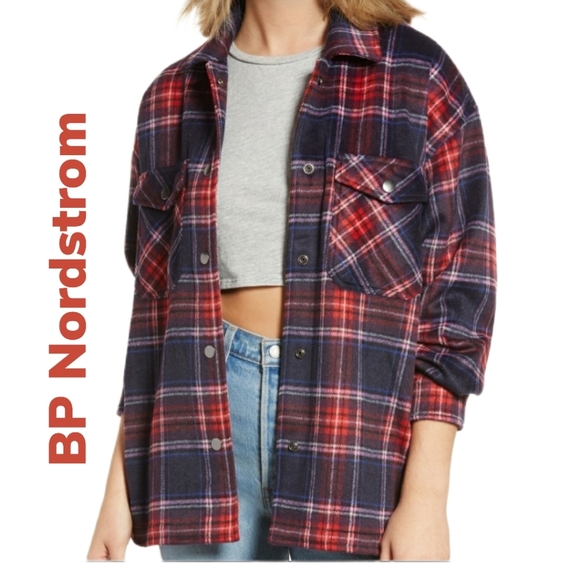 bp Jackets & Blazers - BP Womens Front Snap Blue/Red Oversized Fleece Plaid Jackets Sz S.
